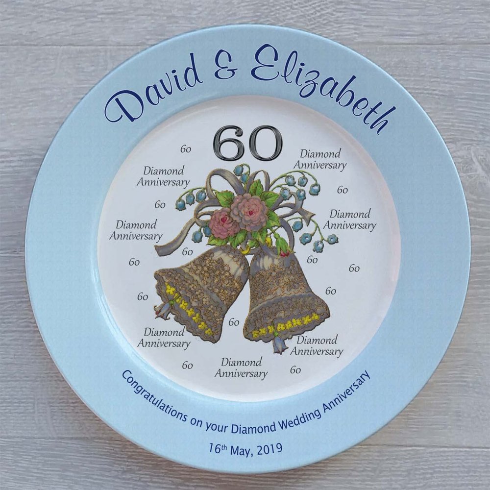 Heritage Pottery Personalized Bone China Commemorative Plate For A 60th Wedding Anniversary - Wedding Bells Design With A Blue Rim