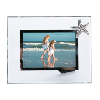 Beachcombers Pewter Starfish Glass Picture Photo Frame Beach Coastal Tropical Ocean Vacation Memories Gift Home Decor 4"X6" White