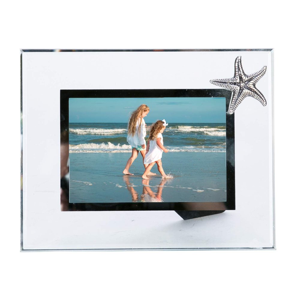 Beachcombers Pewter Starfish Glass Picture Photo Frame Beach Coastal Tropical Ocean Vacation Memories Gift Home Decor 4"X6" White