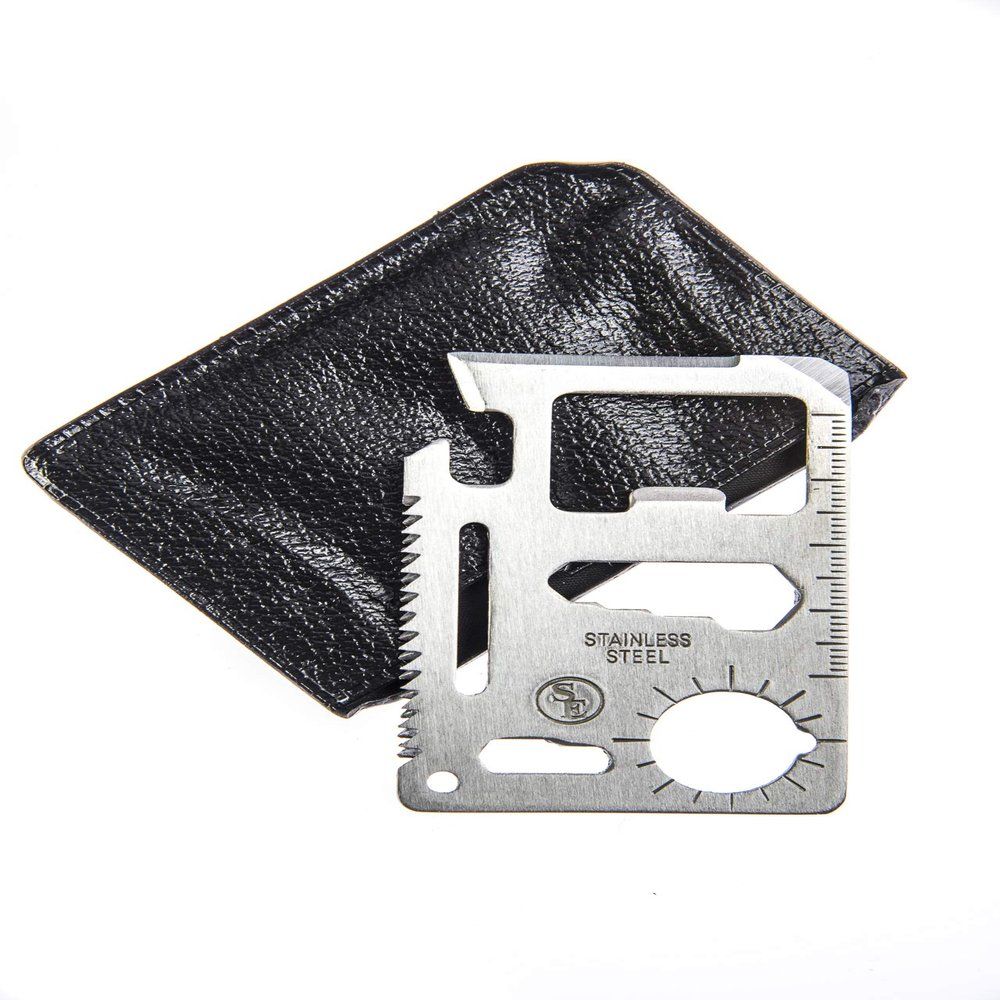 SE 11-Function Stainless Steel Survival Pocket Tool - Compact, Credit Card-Sized Multi-Tool with Leatherette Case - Ideal for Camping, Hiking, and Outdoor Activities- MT908-1