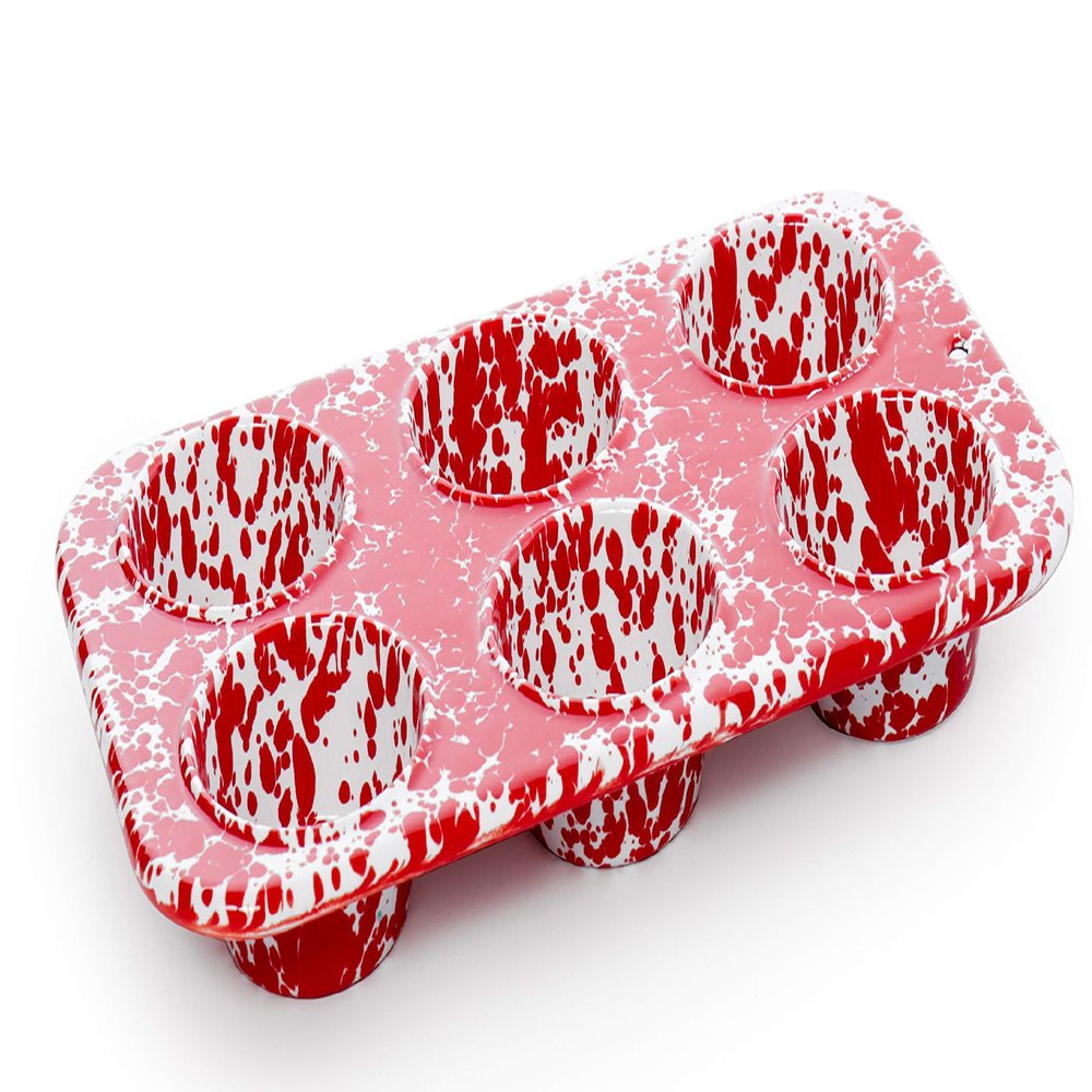 Enamelware Muffin Tin, Red/White Splatter