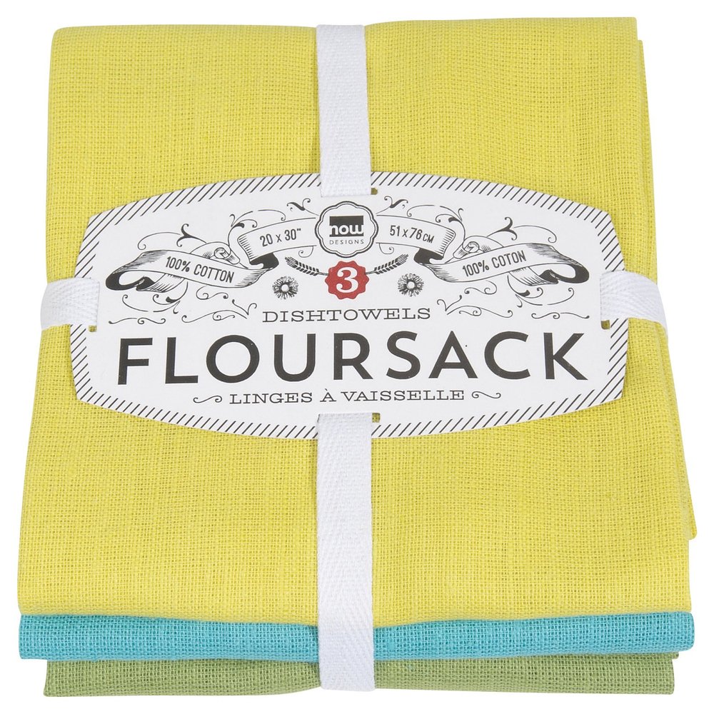 Now Designs Floursack Kitchen Dish Towels,Cotton, Chartreuse/Turquoise/Leaf 20 x 30in, Small, Set of 3