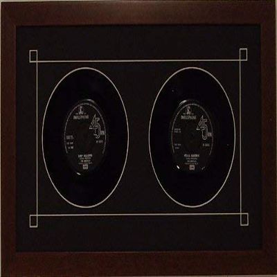 45 Double (6 7/8") Vinyl Record Frame - For Two (2) 45 RPM Records Featuring Black (White Trim) Mat Design and Solid Wood Walnut Stain Finish Frame