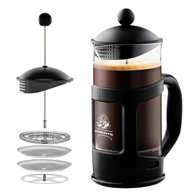 OVENTE French Press Coffee Maker 12 Ounce with Heat Resistant Borosilicate Glass & Stainless Steel 4-Level Filtration System, Portable Cold Brew Coffee Maker for Travel, Camping or Gift, Black FPT12B