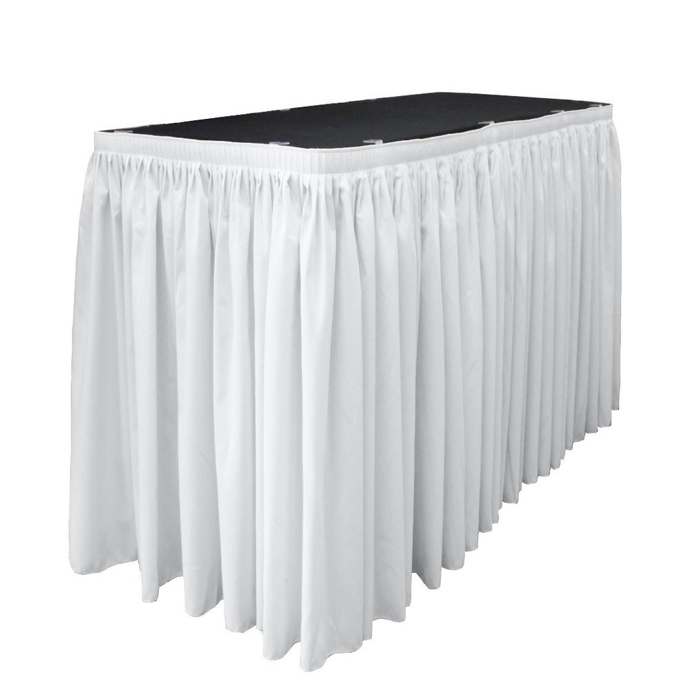LA Linen Polyester Poplin Table Skirt for Rectangle Tables, Pleat Fabric for Wedding Banquet Trade Show, 30-Foot by 29-Inch Long with 15 L-Clips, White