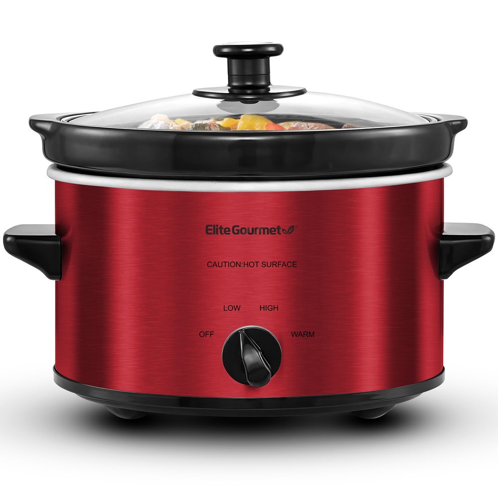 Elite Gourmet MST-275XR Electric Oval Slow Cooker, Adjustable Temp, Entrees, Sauces, Stews & Dips, Dishwasher Safe Glass Lid & Crock (2 Quart, Metallic Red)