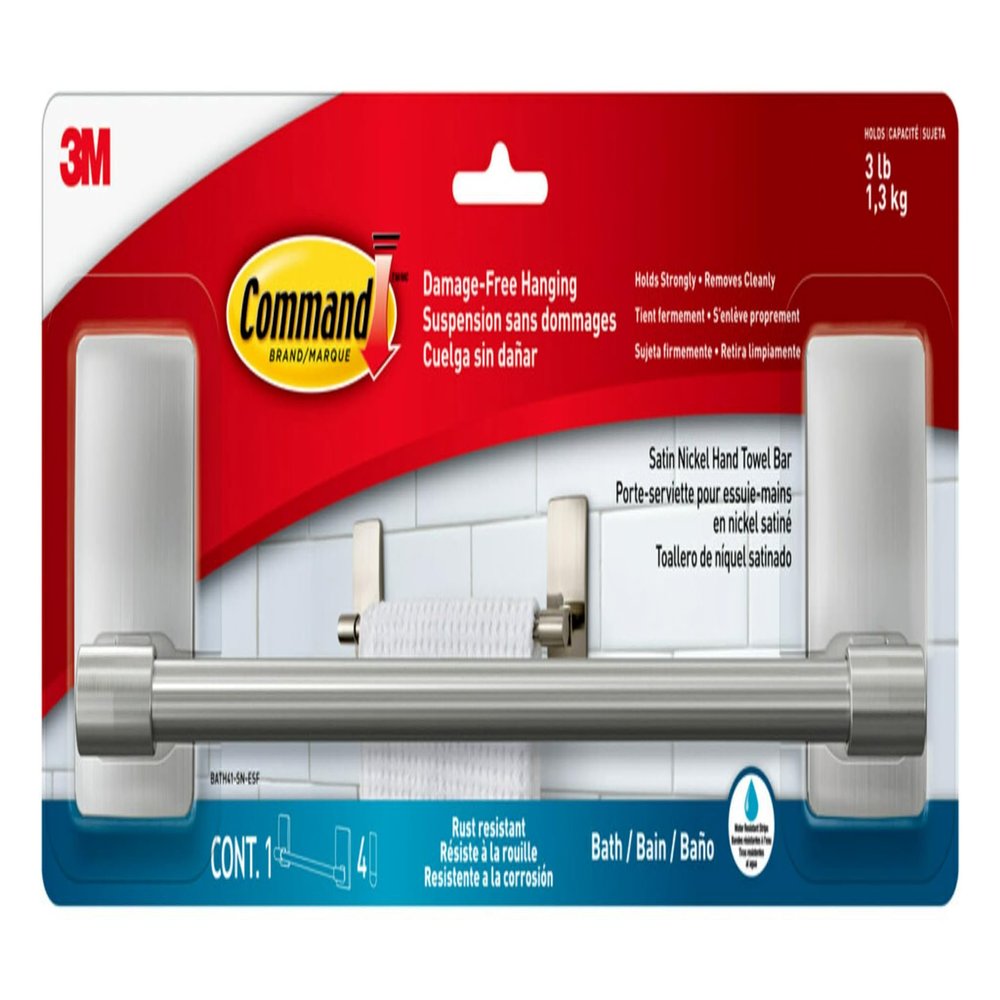 Command Hand Towel Bar Satin Nickel with 4 Water Resistant Command Strips, 9" Hand Towel Holder, Holds up to 3 lb, Great for Bathroom Dcor on The Wall, Inside The Cabinet, or in The Shower
