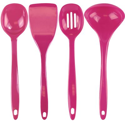 Reston Lloyd 100% Melamine Kitchen Utensil Set, Non Scratching Ladle, Spoon, Slotted Spoon & Spatula, Easy To Hold, Set of 4, Magenta