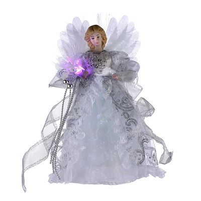 Kurt Adler CUL Fiber Optic LED Angel Christmas Treetop Figurine, 12-Inch, White and Silver