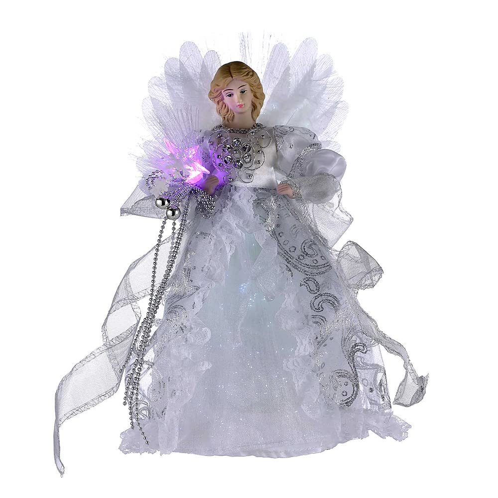 Kurt Adler CUL Fiber Optic LED Angel Christmas Treetop Figurine, 12-Inch, White and Silver
