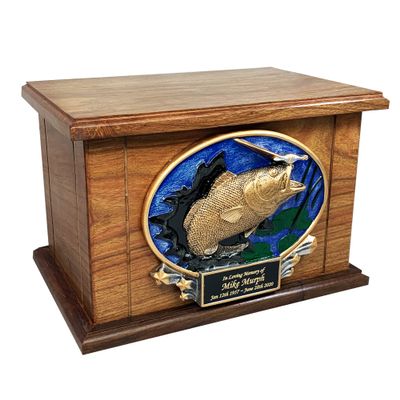 Bass Fish Wooden Cremation Urn, Large Size Memorial Urn with Custom Engraving