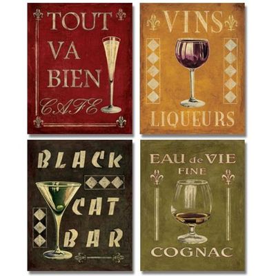 WallsThatSpeak 4 Vintage Martini Wine Cocktail French Art Deco Prints Retro Bar Posters, 11 x 14-Inch, Red/Black/Green/Gold