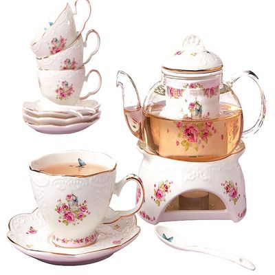 Jusalpha Vintage Porcelain Flower Series Tea Sets, Tea Cup Saucer Set with Teapot Warmer- Filter and Spoon, 16pcs in 1 set (16pcs set)