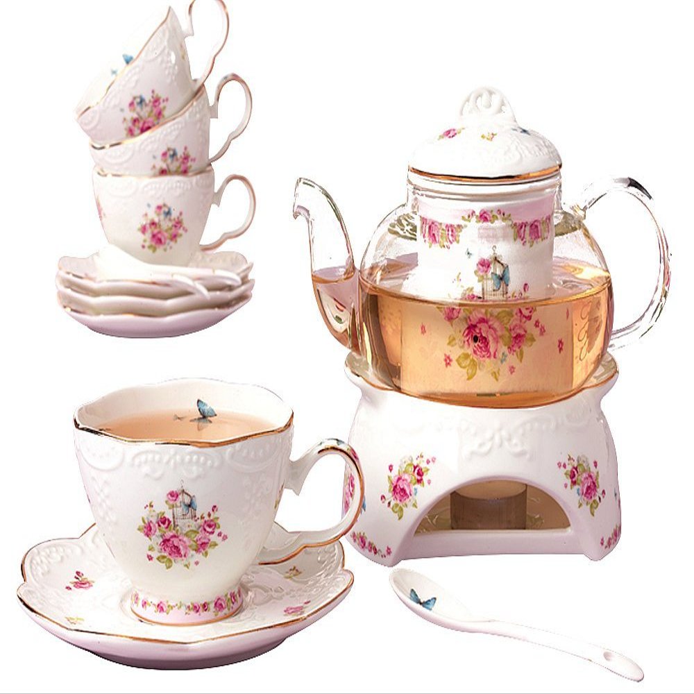 Jusalpha Vintage Porcelain Flower Series Tea Sets, Tea Cup Saucer Set with Teapot Warmer- Filter and Spoon, 16pcs in 1 set (16pcs set)