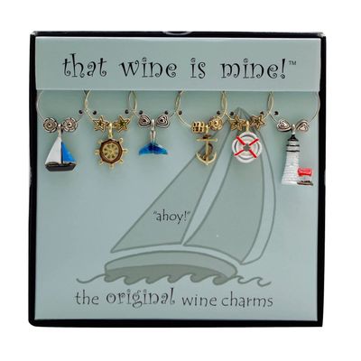 Wine Things 6-Piece Wine Charms/Wine Glass Tags/Drink Markers for Stem Glasses, Wine Tasting Party (Ahoy!)