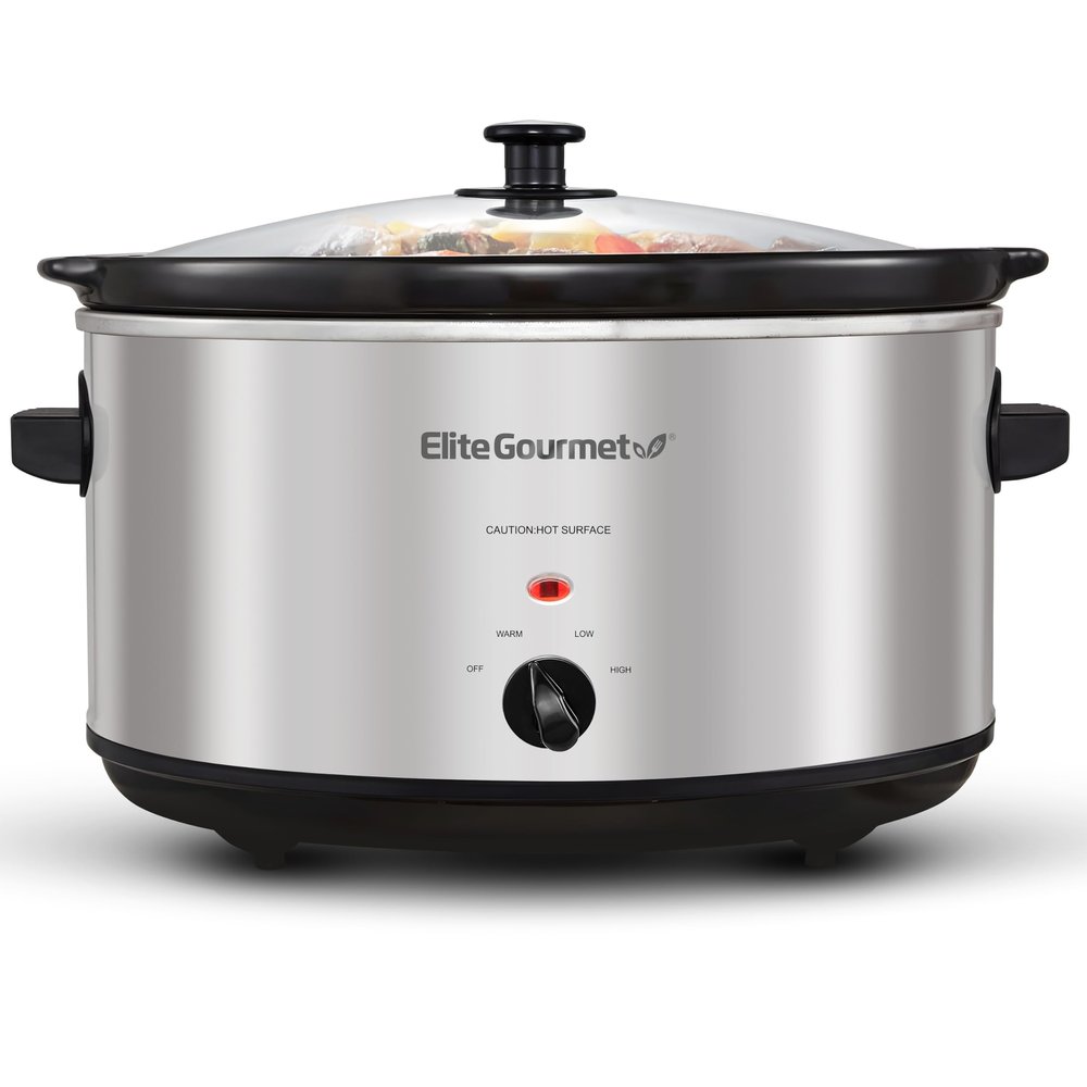 Elite Gourmet Stainless Steel Slow Cooker, Dishwasher-Safe with Tempered Glass Lid, Cool-Touch Handles, Removable Stoneware Pot, 8.5 Quart,MST-900V