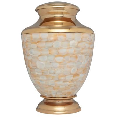 Mother of Pearl Hand Made Brass Funeral Urn - Cremation Urn for Human Ashes - Suitable for Cemetery Burial or Niche - White and Gold - Large Size fits remains of Adults up to 200 lbs