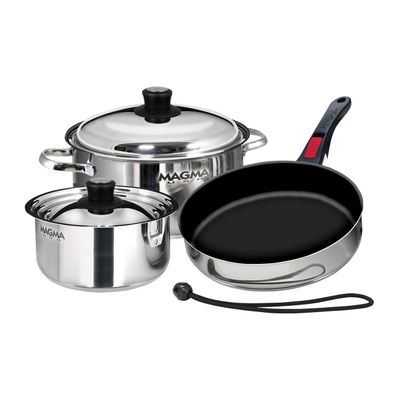 Magma 7 Piece Gourmet Nesting Stainless Steel Cookware Set with Ceramica Non-Stick, Induction Compatible, Oven Safe to 500F - Suitable for All Stovetops, Removable Handles, Stainless Steel