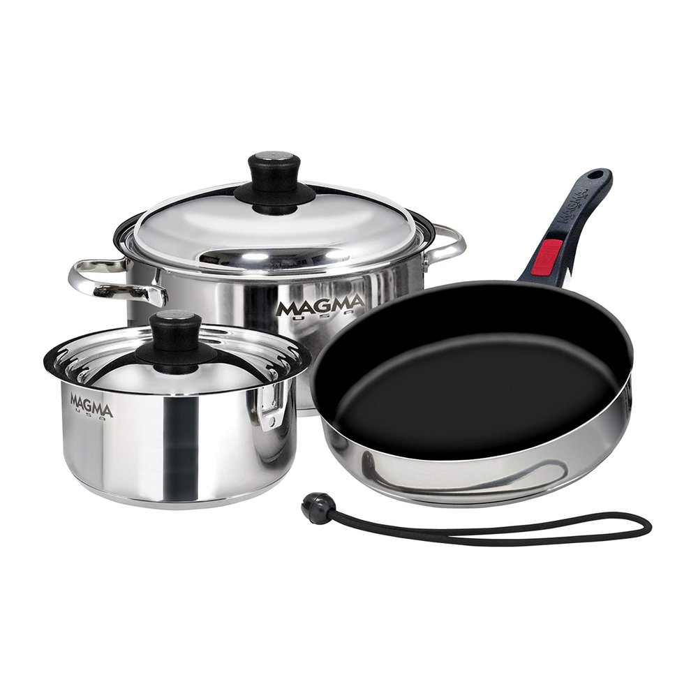 Magma 7 Piece Gourmet Nesting Stainless Steel Cookware Set with Ceramica Non-Stick, Induction Compatible, Oven Safe to 500F - Suitable for All Stovetops, Removable Handles, Stainless Steel