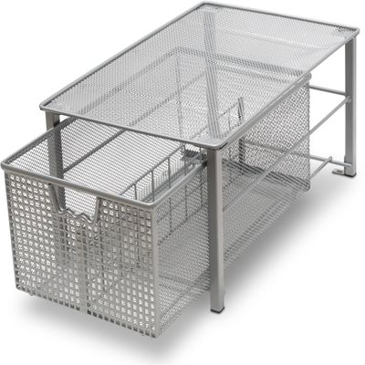 Deco Brothers Stackable Pull Out Cabinet Sliding Basket with Dividers, Large, Silver