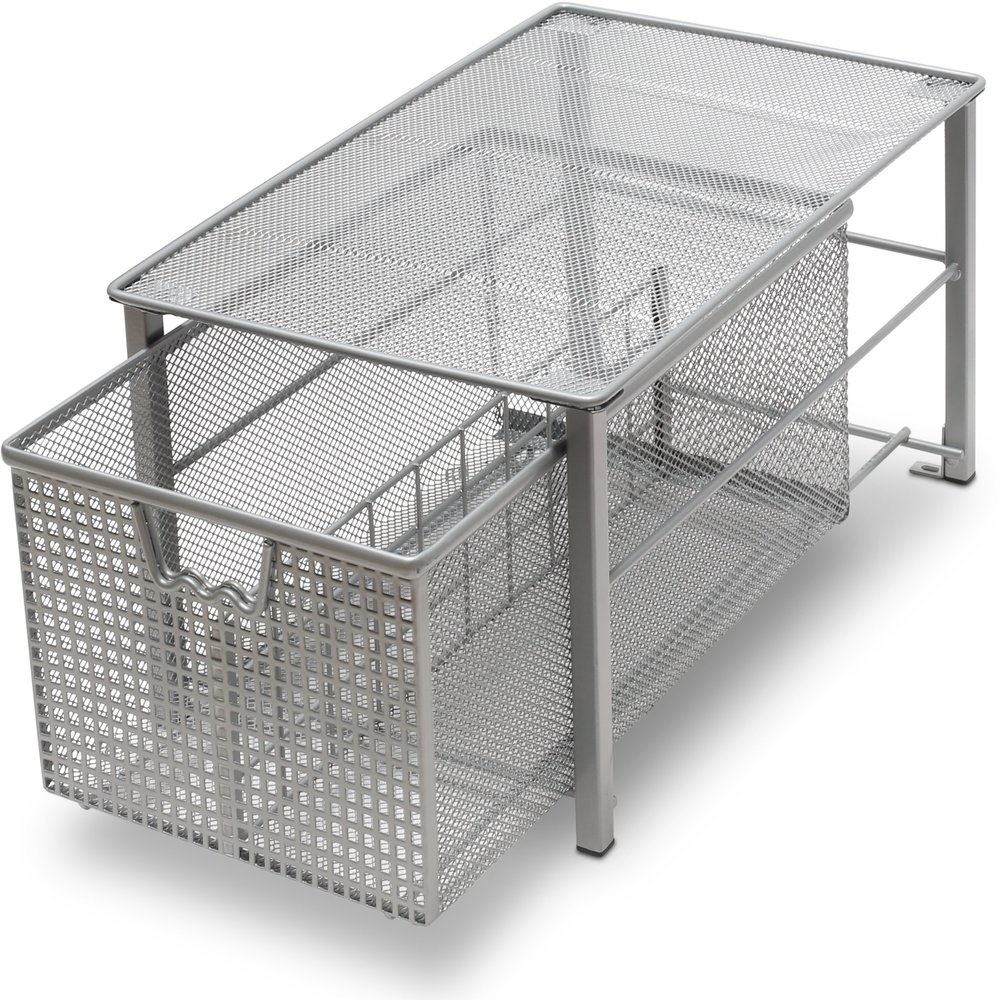 Deco Brothers Stackable Pull Out Cabinet Sliding Basket with Dividers, Large, Silver