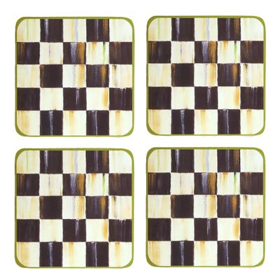 MacKenzie-Childs Square Cork-Back Coaster Set, Table Coasters for Drinks, Set of 4, Black-and-White Courtly Check