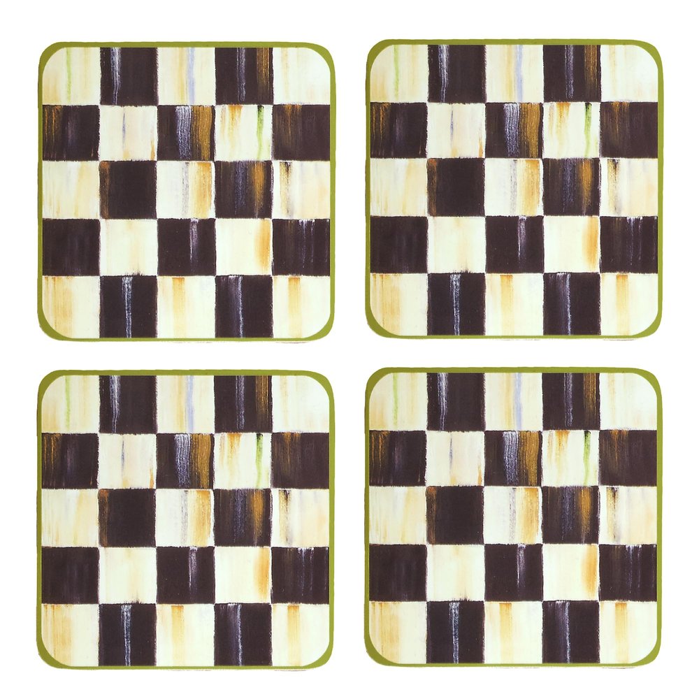 MacKenzie-Childs Square Cork-Back Coaster Set, Table Coasters for Drinks, Set of 4, Black-and-White Courtly Check