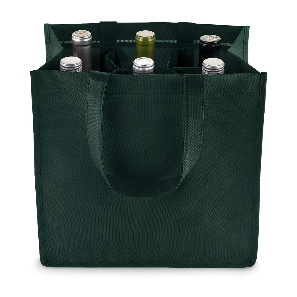 True Wine Shopping Bag 6 Bottle with Bottle Divider Insert, Bottle Carry Bag, Shopping Bag for Wine Bottles, Bottle Tote, Reusable, Green