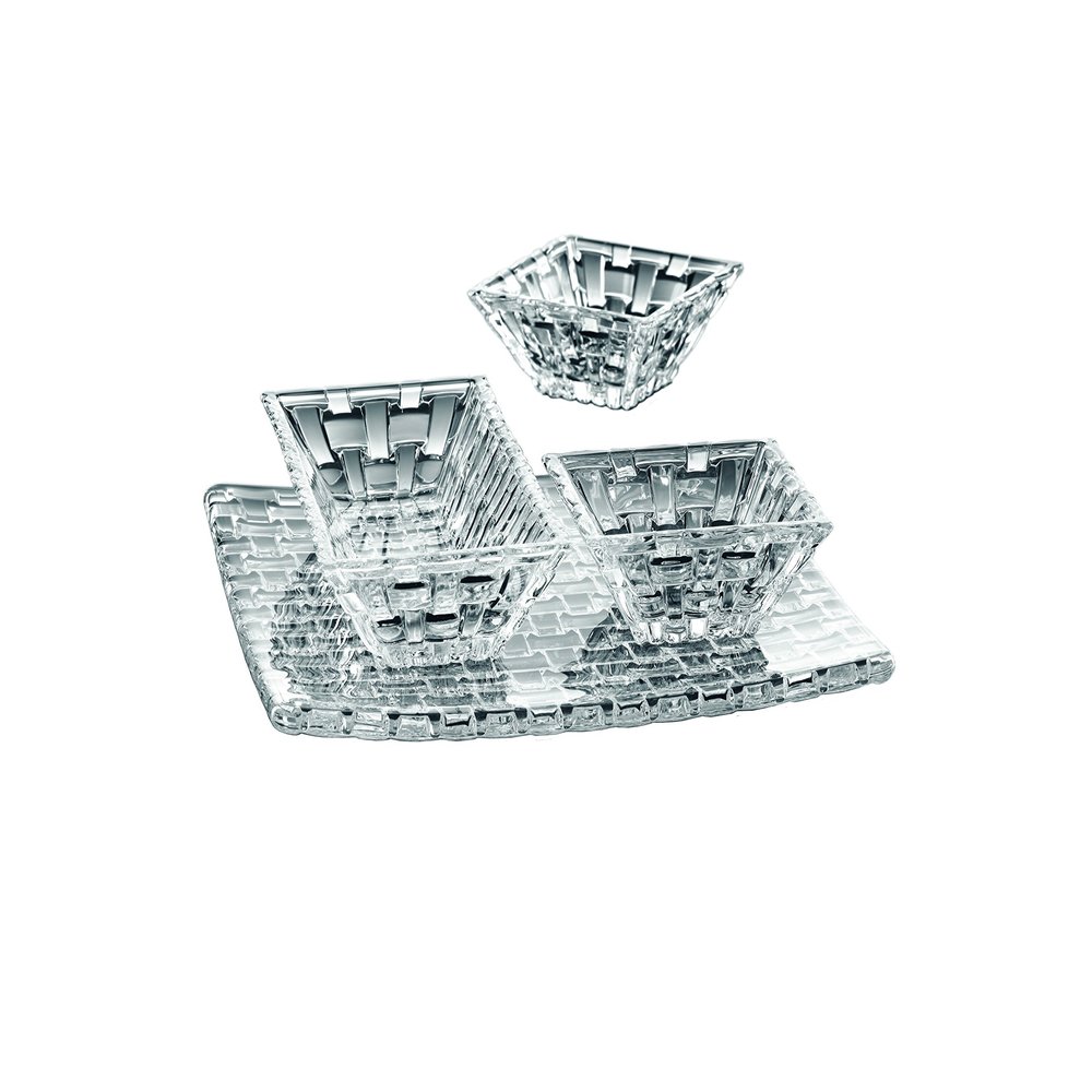 Nachtmann Bossa Nova Collections, 4 Piece Serving Set, Crystal Glass Serving Dishes for Cheese, Crackers, Fruits, and Appetizers, Platter, Square and Rectangular Bowls