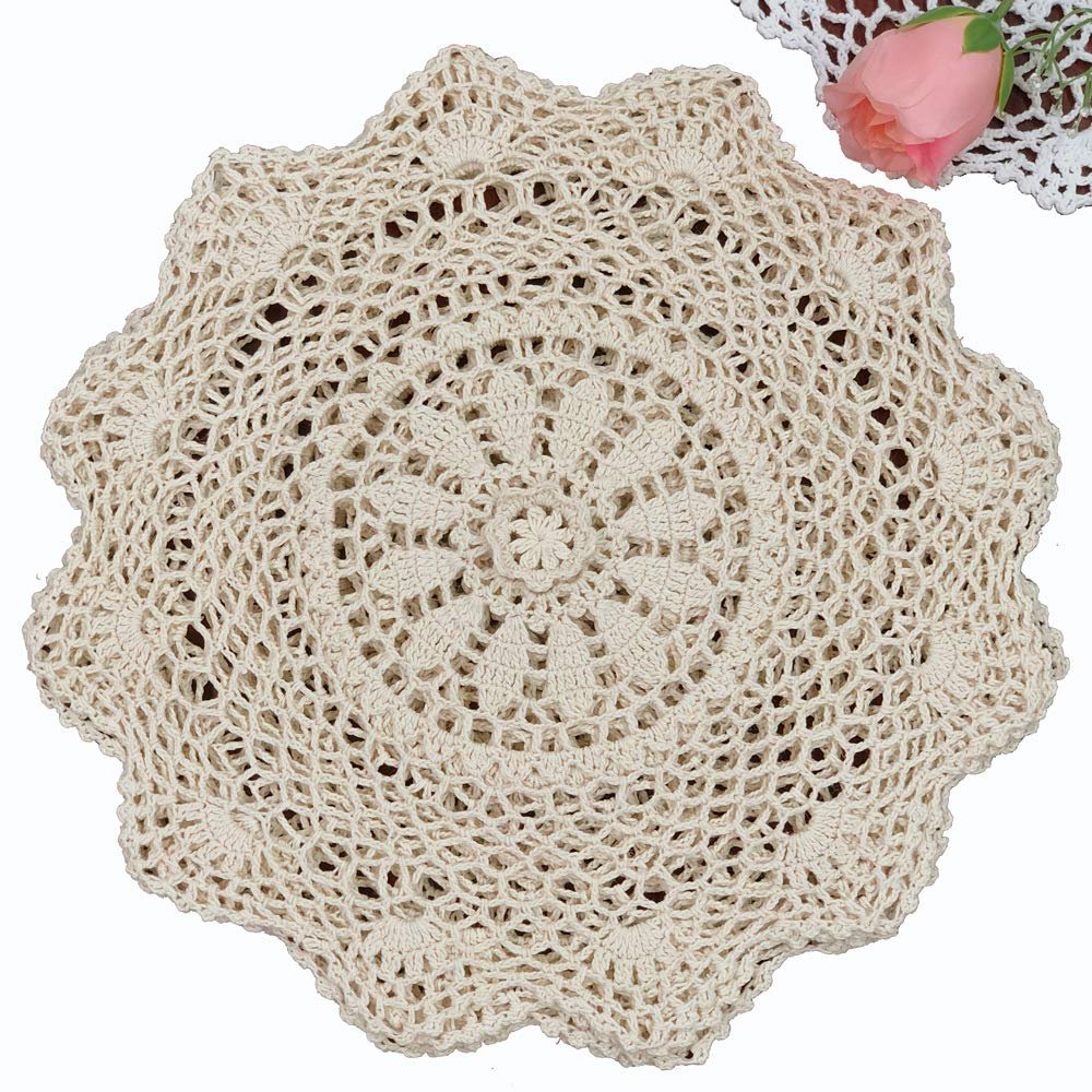 Creative Linens 6PCS 12" Round Crochet Lace Doily Beige 100% Cotton Handmade, Set of 6 Pieces
