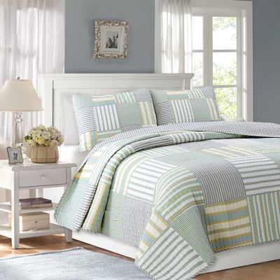 Cozy Line Home Fashions Green Yellow Blue Plaid Striped Real Patchwork 100% Cotton, Reversible Coverlet, Bedspread, Quilt Bedding Set (Green Patchwork, King - 3 Piece)