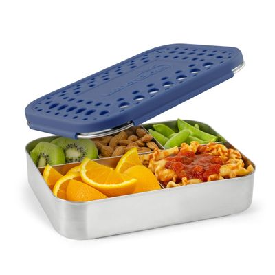 LunchBots Large Cinco Stainless Steel Lunch Container - Five Section Design Holds a Variety of Foods - Metal Bento Box - Dishwasher Safe - Stainless Lid - Blue Dots