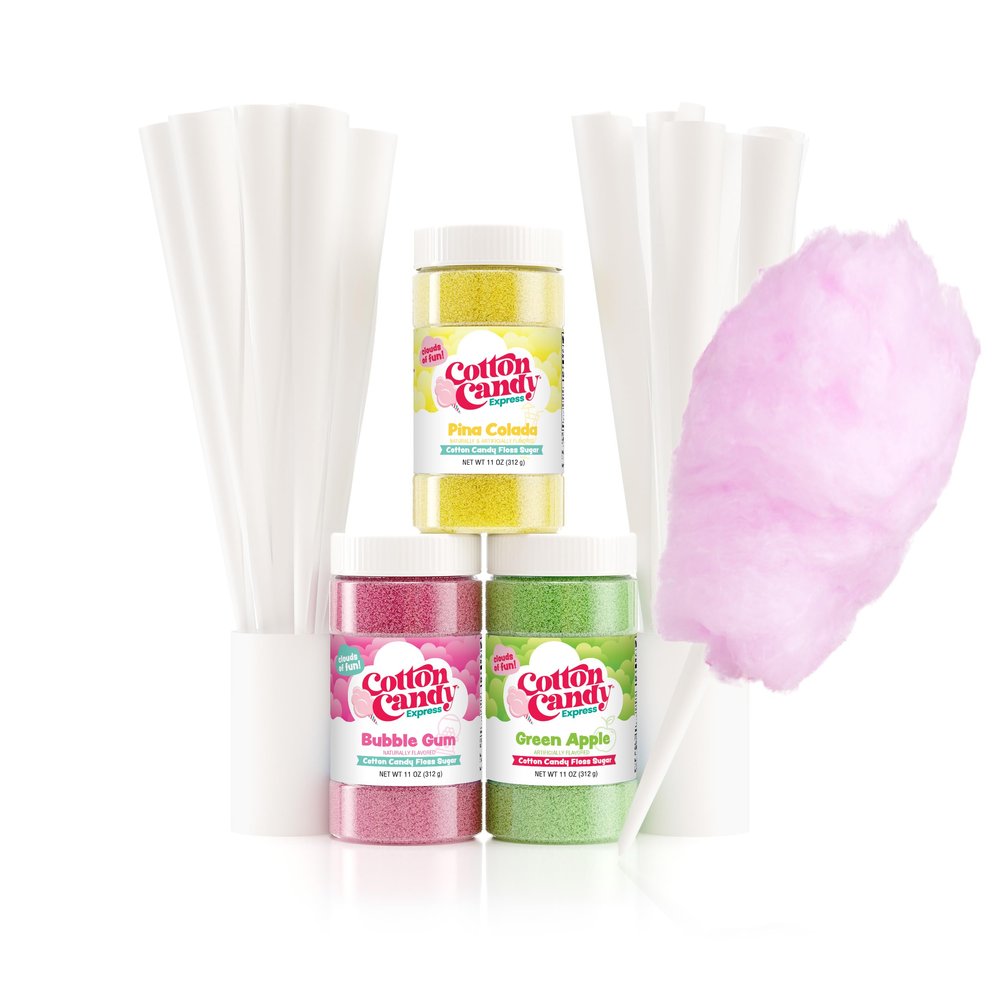 Cotton Candy Express Floss Sugar plus Cones with 3 - 11oz Plastic Jars of Bubble Gum, Green Apple & Pina Colada Flossing Sugars. 50 Paper Cones Included. Use with Cotton Candy Express Machine