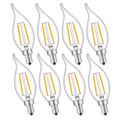CRLight Dimmable 2W 2500K LED Candelabra Bulb - Warm White 25W Eqv 250LM E12 CA11 Antique Flame Shape Clear Glass, Vintage Chandelier Light, 8-Pack