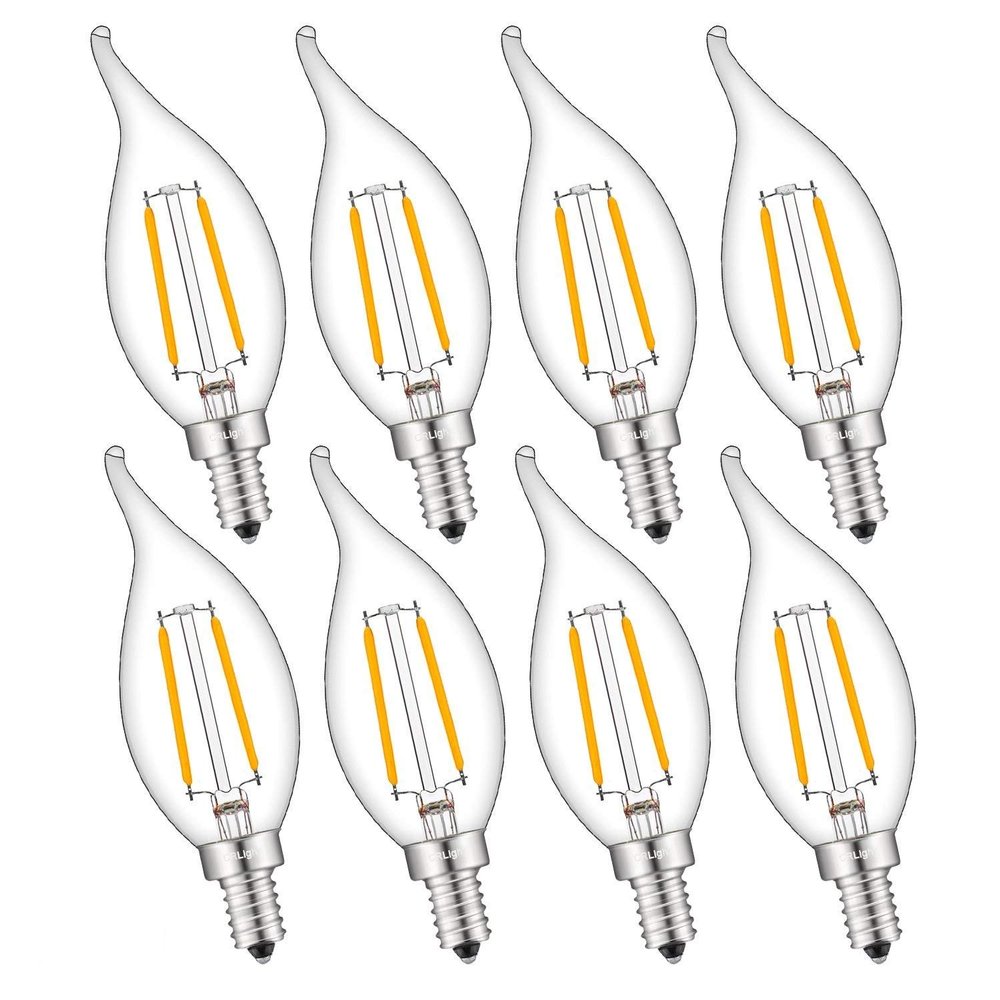 CRLight Dimmable 2W 2500K LED Candelabra Bulb - Warm White 25W Eqv 250LM E12 CA11 Antique Flame Shape Clear Glass, Vintage Chandelier Light, 8-Pack