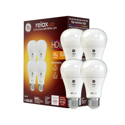 GE Relax LED Light Bulbs, 40 Watt, Soft White, A19 (4 Pack)