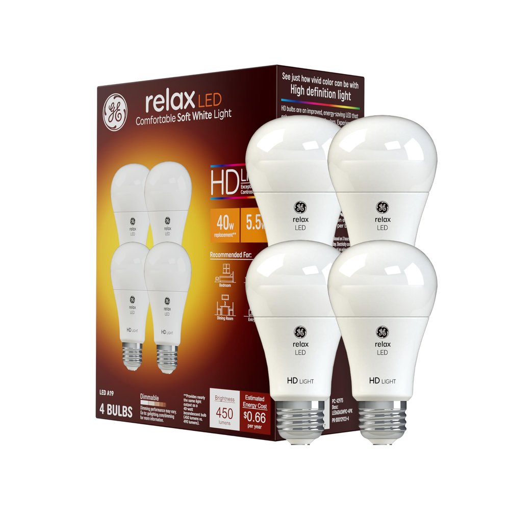 GE Relax LED Light Bulbs, 40 Watt, Soft White, A19 (4 Pack)