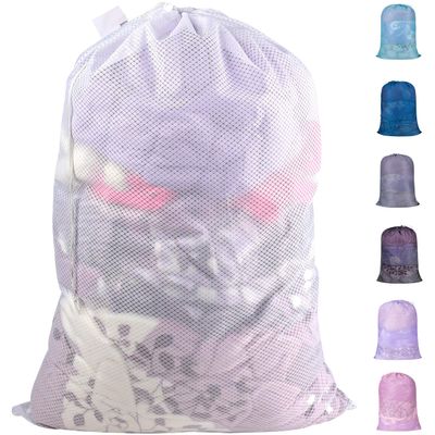 Polecasa Extra Heavy Duty Large Diamond Mesh Laundry Bags with Drawstring Closure & ID Tag, 24 x 36 inches Washable Storage Bag for College, Travel, Sports, Dorms, White