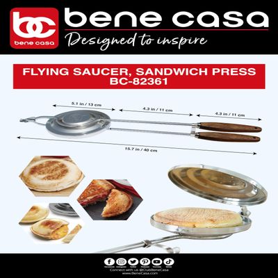 Bene Casa - Flying Saucer Sandwich Press with Heavy-duty Natural Wooden Handles (16") - Ideal for Bonfire or Camping Cooking