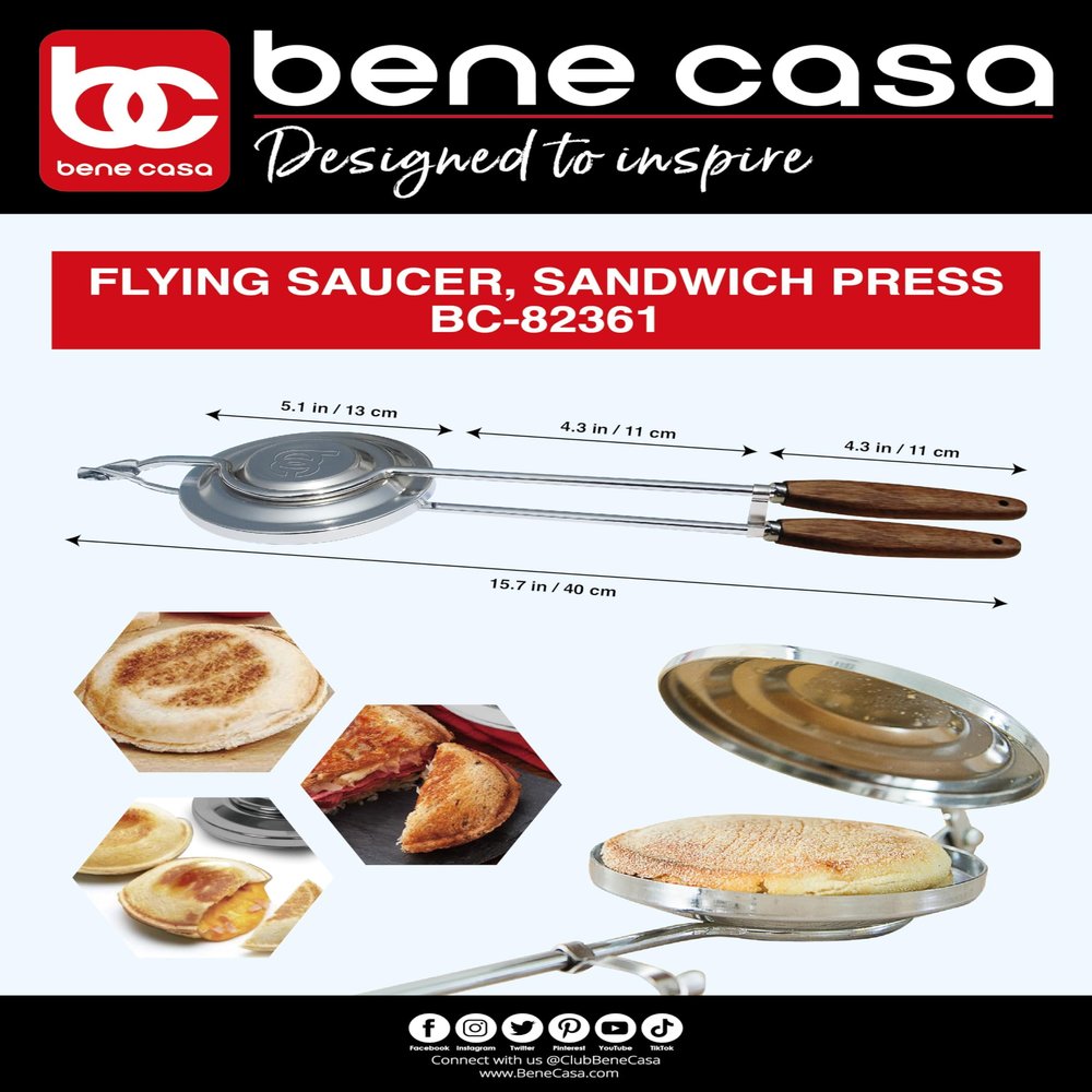 Bene Casa - Flying Saucer Sandwich Press with Heavy-duty Natural Wooden Handles (16") - Ideal for Bonfire or Camping Cooking