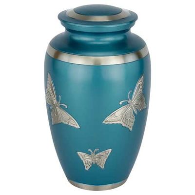 Classic Engraved Butterfly Cremation Urn for Ashes in Blue, Brass, Blue Urn, Adult Sized Cremation Urn, 9.875 Inches High
