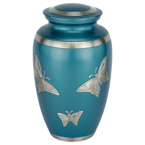 Classic Engraved Butterfly Cremation Urn for Ashes in Blue, Brass, Blue Urn, Adult Sized Cremation Urn, 9.875 Inches High