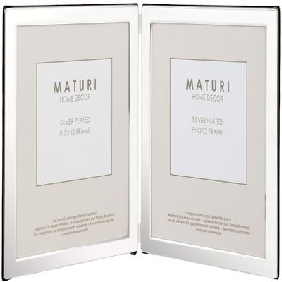 Maturi Silver Plated Double Photo Frame - Flat Edge Portrait, 4 x 6-inch (10 x 15cm)