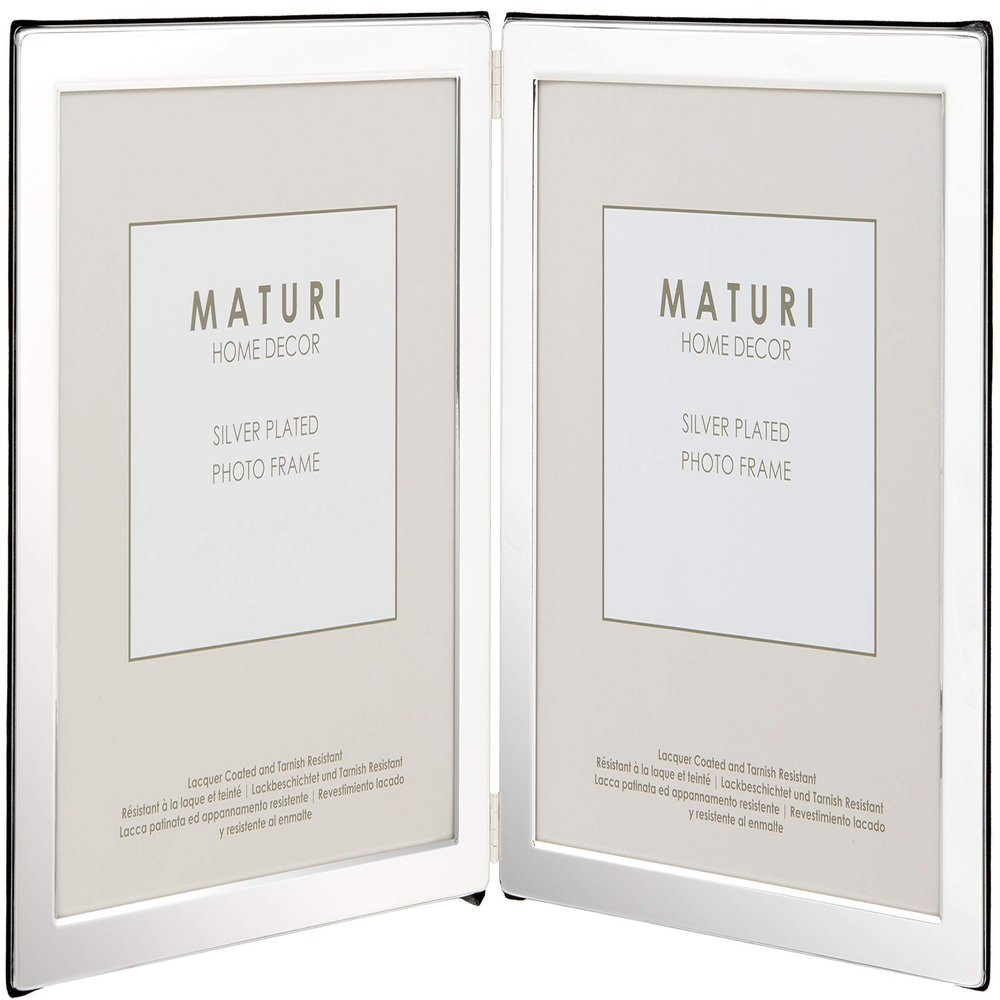 Maturi Silver Plated Double Photo Frame - Flat Edge Portrait, 4 x 6-inch (10 x 15cm)