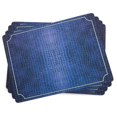 Pimpernel Blue Croc Leather Placemats, Set of 4  (15.7" x 11.7") Cork-Backed Table Mats with 5mm Padding, Decorative Navy Crocodile Design, Heat & Stain Resistant Dining Accessories