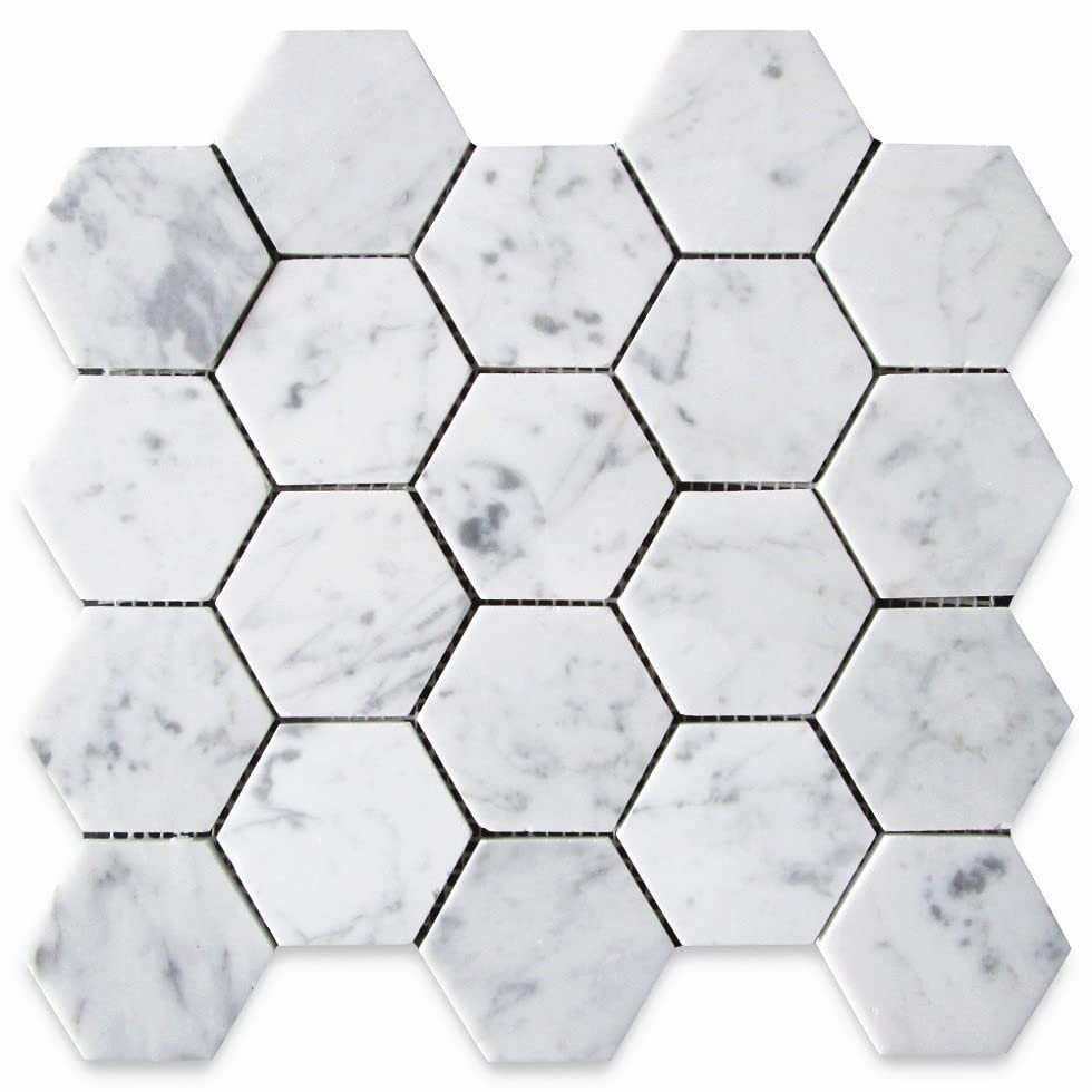 Stone Center Online Carrara White Marble 3 inch Hexagon Mosaic Tile Honed Kitchen Bath Wall Floor Backsplash Shower (1 Sheet)