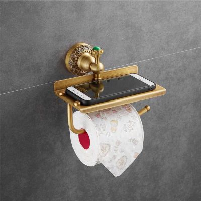 Beelee Bathroom Tissue/Toilet Paper Holder - Solid Brass Wall-Mounted Toilet Roll Holder with Mobile Phone Storage Shelf - Antique Brass Finish