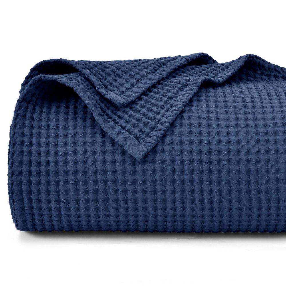 PHF 100% Cotton Waffle Weave Blanket King Size for Bed,Snag Proof Lightweight Breathable Throw for Couch,Great for Layering in Cold Weather,Machine Washable,Home Decor Gift-Navy Blue/Bright Blue