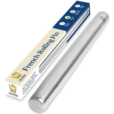 Ultra Cuisine French Rolling Pin for Baking Use with Pizza, Cookie, and Pastry Dough, Fondant and Pie Crust Tapered Design Bread Roller Pin, Stainless Steel 15.75-inch Large Roller Pin