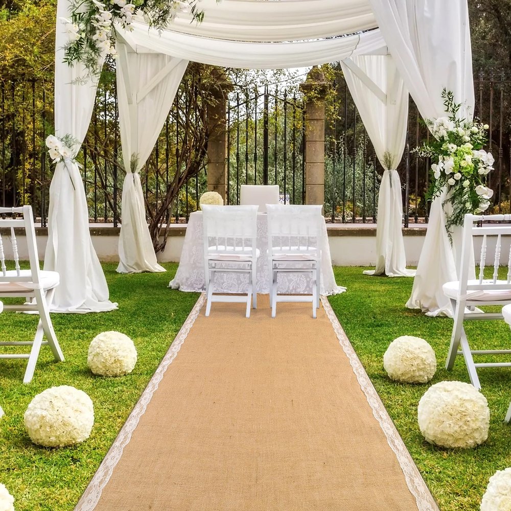 AK TRADING CO. 40" Wide Natural Burlap Wedding Aisle Runner with Ivory Lace - 40" Wide x 15 feet Long